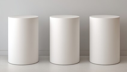 Three blank, white, cylinder pedestals