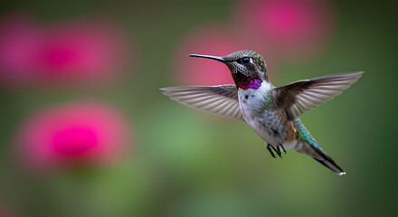 Fototapeta premium Close-up of a Vibrant Hummingbird in Flight with Soft Pink Floral Background
