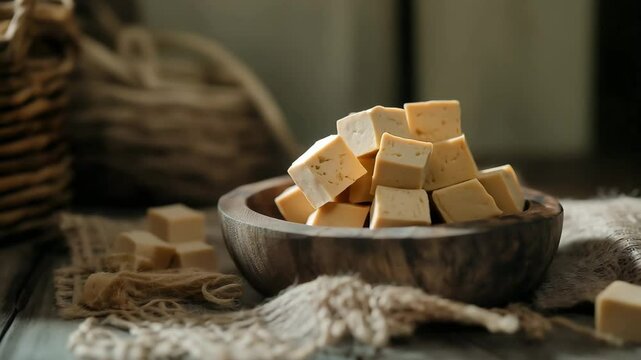 Brown Tofu or Tahu Coklat. Indonesian traditional tofu in wooden bowl on a rustic cloth on wooden table	