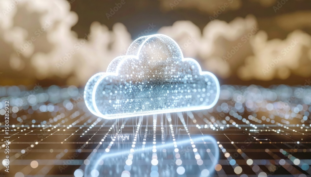 Poster digital cloud icon glowing with data streams in a futuristic technology concept on digital grid back