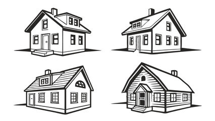 Set of Four Black and White House Sketches: Vector Illustrations of Residential Properties, Ideal for Real Estate, Architecture, Design Projects, and Clipart Use