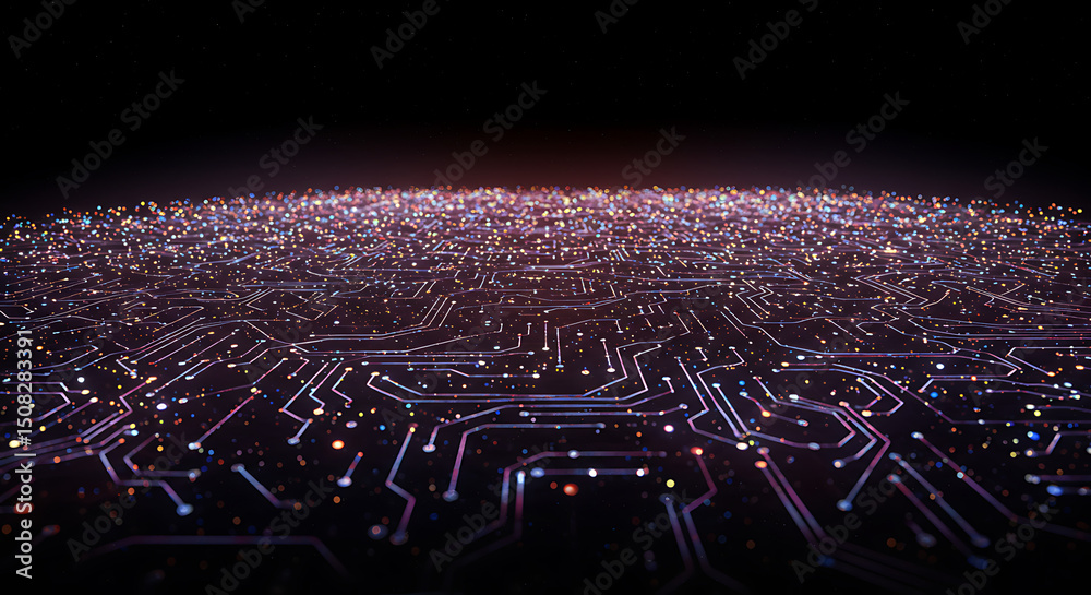Poster abstract digital circuit board background glowing network connections and data streams
