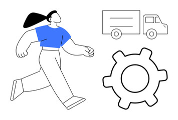 Woman in motion exuding energy beside gear and truck, signifying logistics, innovation, growth, and teamwork. Ideal for productivity, shipping, technology, mobility mechanics strategy flat simple