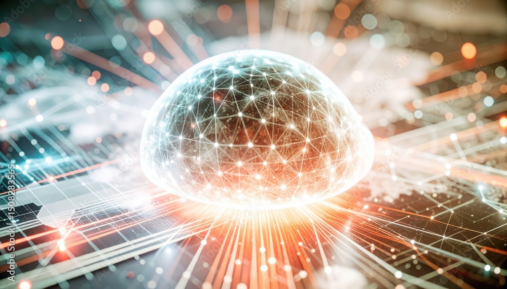 Poster futuristic glowing spherical digital network globe with interconnected data points on a technologica