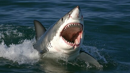 Naklejka premium Great White Shark Breaching the Surface, Jaws Open Wide