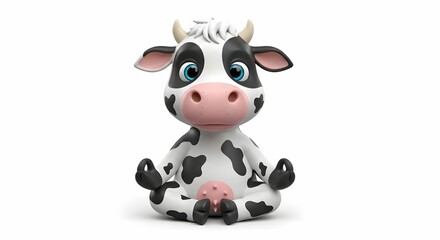 Cartoon cow practicing meditation in a peaceful pose in a serene environment