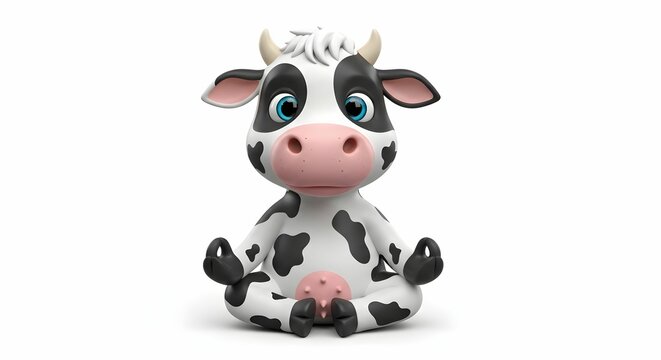 Cartoon cow practicing meditation in a peaceful pose in a serene environment