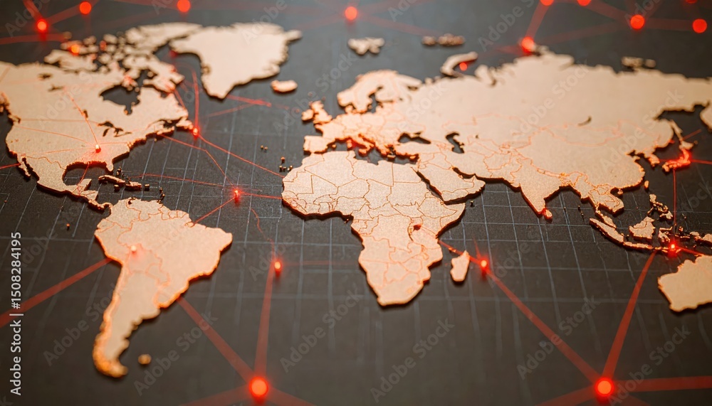 Poster global map with illuminated connections highlighting world network and digital communication routes