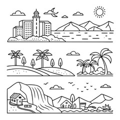 Outlined Landscape and Nature Icon Set – Minimalistic Icons Featuring Cities, Forests, Mountains, Beaches, and More