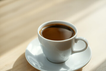 Steaming cup of fresh coffee in a ceramic mug, great for morning or café themes