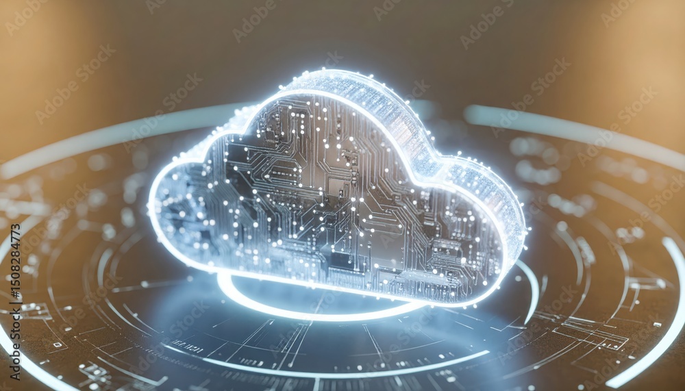 Poster futuristic digital cloud computing technology concept with glowing circuit patterns and digital inte