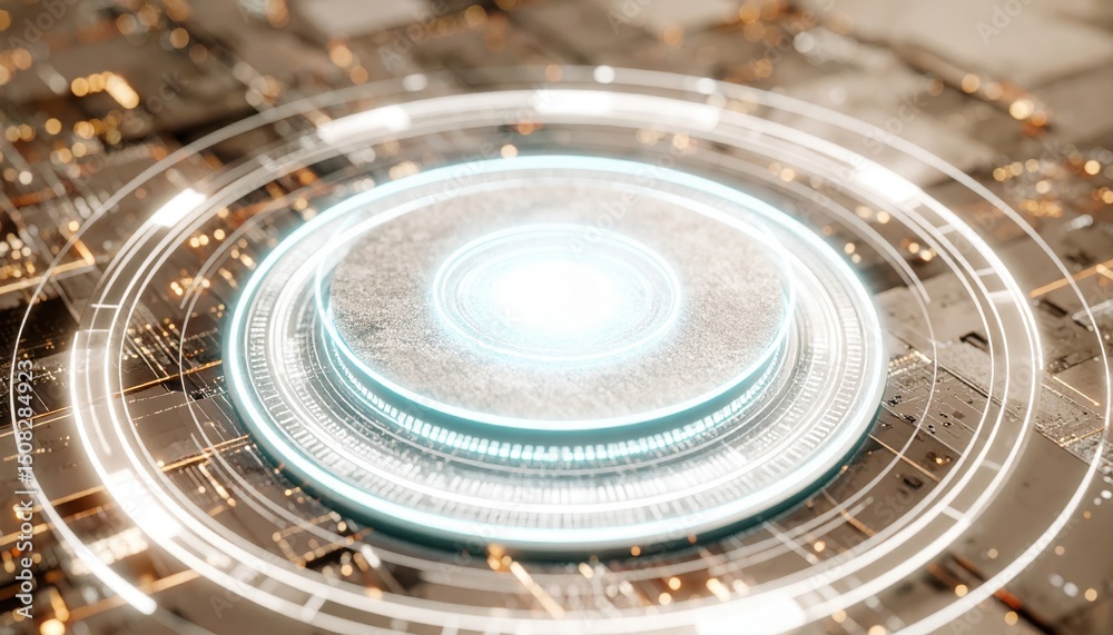 Poster futuristic glowing circular interface with intricate digital elements and data overlay technology