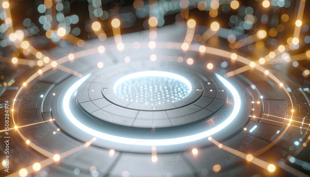 Poster futuristic high technology digital interface with glowing circular elements and connecting data poin
