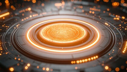 High-tech glowing circular energy portal with radiating lights and dynamic futuristic digital background