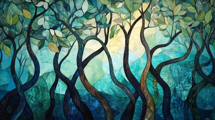 Naklejka premium Abstract painting of trees with green leaves and a blue background.