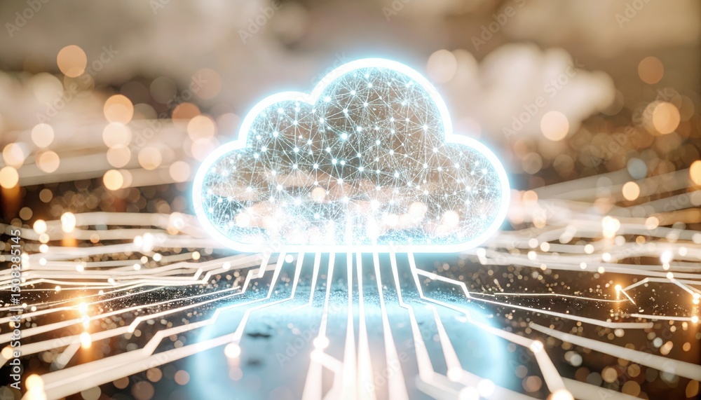 Poster digital cloud computing technology concept with neon cloud icon and connecting data lines for data s
