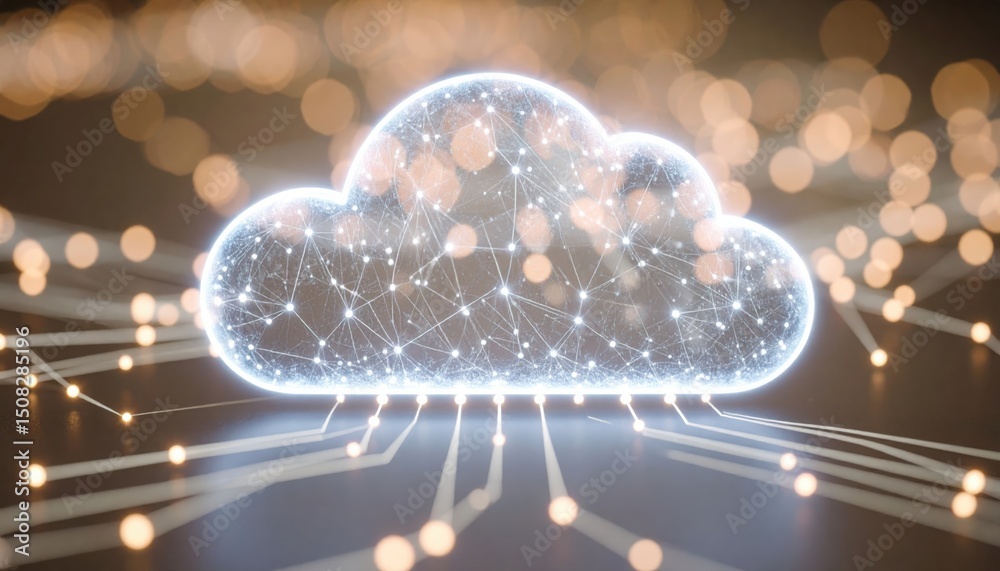 Poster highly detailed digital visualization of a glowing cloud computing network with interconnected data 