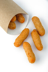 Fast food and beer snack: Cheese sticks fries on a white background. Cheddar and mozzarella cheese.