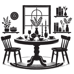 Dining Table Silhouette Vector | Clean Furniture Illustration with Window View on White Background