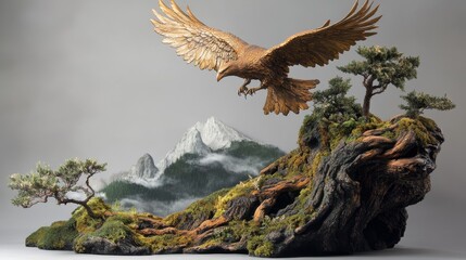 Obraz premium Golden eagle sculpture flying over a miniature landscape with trees and mountains.