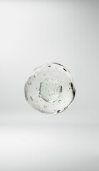3D macro render of a transparent skincare droplet with suspended active particles. Ideal for luxury cosmetic ads, hydration science visuals, and beauty product branding.

