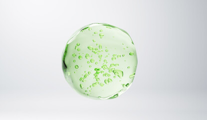 3D macro render of a green gel droplet with suspended particles. Perfect for cosmetic ingredient visuals, skincare ads, organic product branding, and luxury wellness campaigns. © ATKWORK888