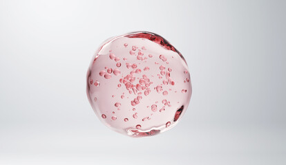 Pink transparent gel sphere with suspended air bubbles on a white background. Ideal for skincare, cosmetic, or beauty product designs emphasizing vitality and active ingredients.


