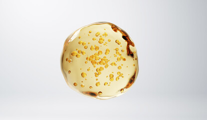 3D macro render of a golden serum droplet with suspended particles and rich tones. Perfect for anti-aging skincare, collagen products, and luxury cosmetic branding visuals.