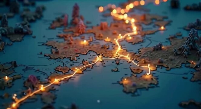 Navigating Illuminated Route Across Topographic Map Destination Concept