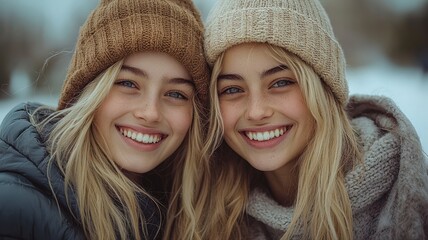 Obraz premium Candid Photo of Two Teenage Friends Laughing Together in a Snowy Winter Setting