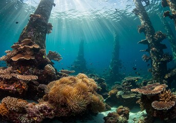 Obraz premium Vibrant coral reef thriving around submerged pillars in clear blue water Generative AI