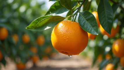 Close-up of a ripe orange hanging on a branch of an orange tree. Water droplets on its surface emphasize the fruit&rsquo;s freshness and juiciness
