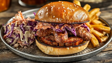 Burger bursting with smoked sausage and pepper jack cheese, served with a side of coleslaw and hand-cut fries on a rustic tin plate