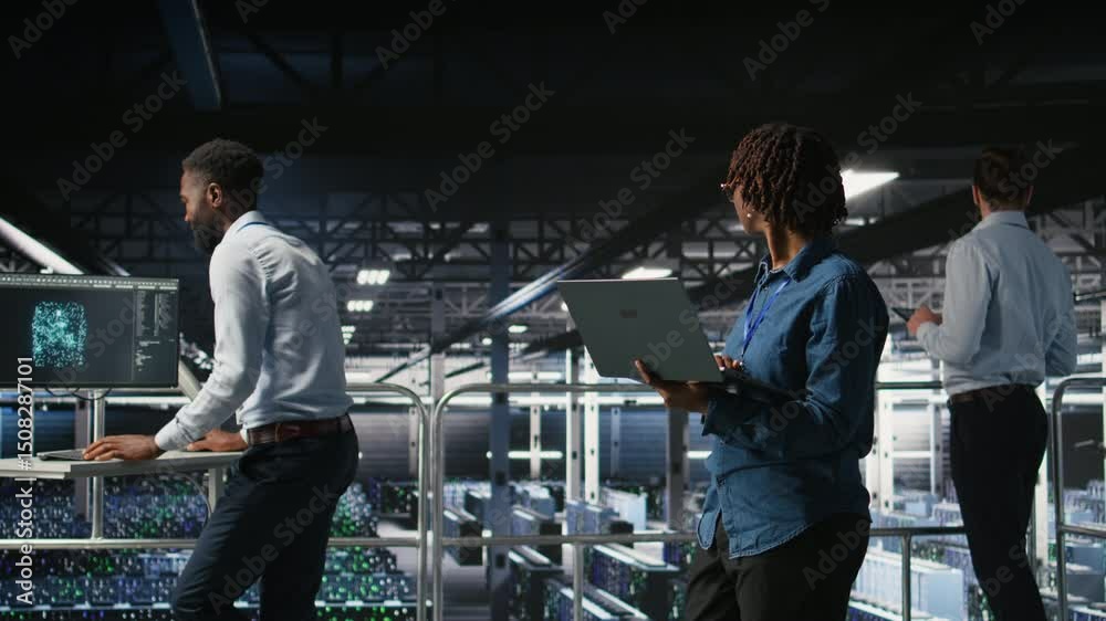 Aufkleber data center software developers using devices to review ai llm visualizations. it professionals work