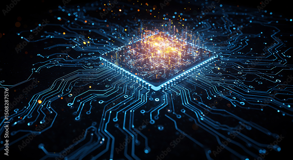 Poster high tech microchip circuit board glowing digital data processing power