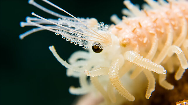 Colony crustacea mysida Mysis oculata close up, Mysidae family. Filter out small particles suspended in water. White sea