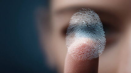 Close up of person eye with fingerprint overlay finger touching eye, symbolizing biometric