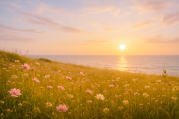 Fototapeta premium A breathtaking golden-hour seascape featuring a gentle slope of wildflowers overlooking the calm ocean. The warm sunset light bathes the meadow in hues of pink, gold, and orange, evoking peace 