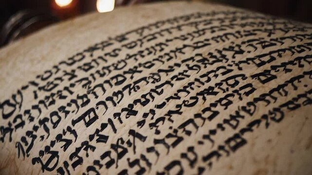 Sacred Hebrew Torah scroll revealing intricate handwritten scriptures, showcasing delicate calligraphy and spiritual heritage with wooden rollers against dark background