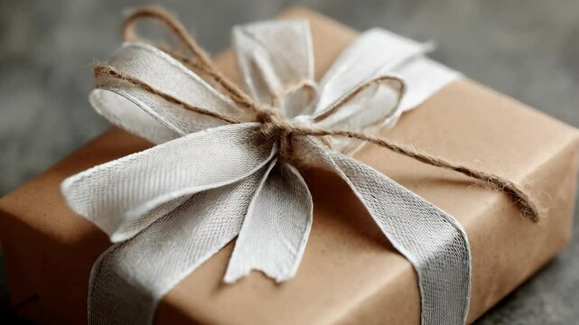 Close-up of wrapped gift with natural brown paper and ivory ribbon with twine bow sitting on gray textured surface.