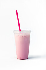 Fast food: strawberry milkshake in disposable plastic container on white background.