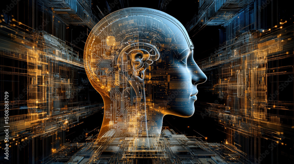 Fototapete digital representation of human head with intricate circuitry symbolizes integration of artificial i
