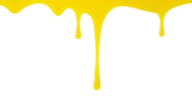 yellow paint dripping from top PNG. viscous yellow liquid pouring down top view flat lay isolated. Thick yellow liquid dripping downward from top view flat lay