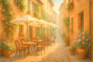 Fototapeta premium A romantic, sunlit café terrace nestled in a narrow cobblestone alley of a Mediterranean village, adorned with vibrant flower pots and parasols casting shadows—evoking a peaceful summer ambiance