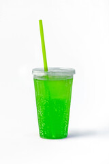 Fast food: non-alcoholic lemon, lime, mint, kiwi cocktail in disposable plastic container on white background.