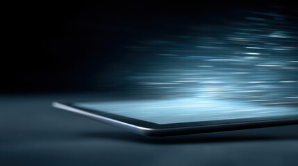 Sleek modern tablet with digital data stream effects creating futuristic look, emphasizing