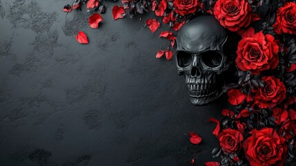 Black Skull and Red Roses on Dark Background Gothic Still Life Photography
