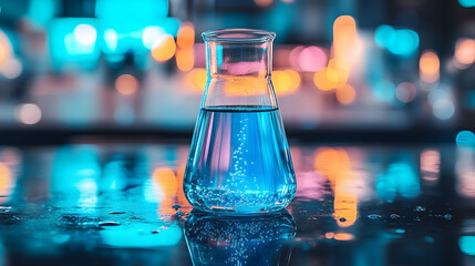 Blue liquid in erlenmeyer flask science research laboratory experiment
