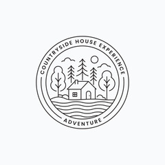 Minimalist line art logo of a house by the water with pine forest in the background. Simple monoline countryside house logo vector illustration design.