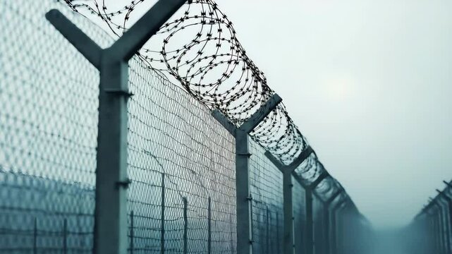 Barbed wire fences surrounding a quiet and desolate internment camp, Tall posts supporting the wire fences, International holocaust remembrance day	